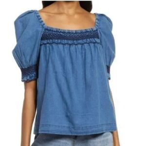 Faherty Presley Embroidered Detail Cotton Chambray Top NWT Dark Indigo Wash XL